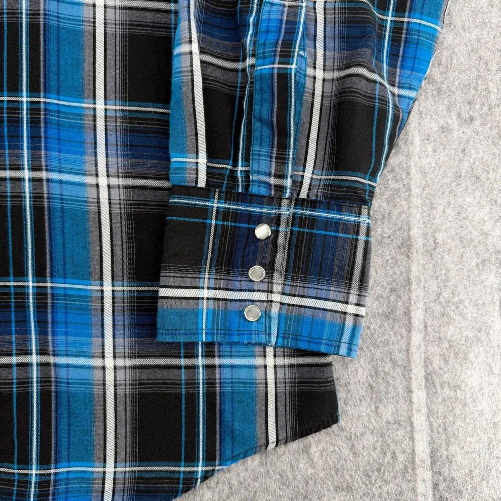 Ely Cattleman Mens XXL Blue Plaid Pearl Snap Western Long Sleeve Shirt
